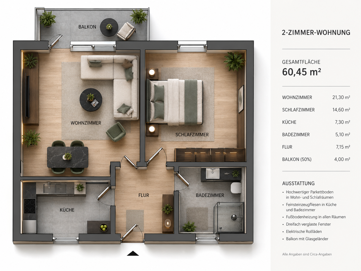 Grundriss der 2-Zimmer-Wohnung mit 60,45 Quadratmetern Gesamtfläche