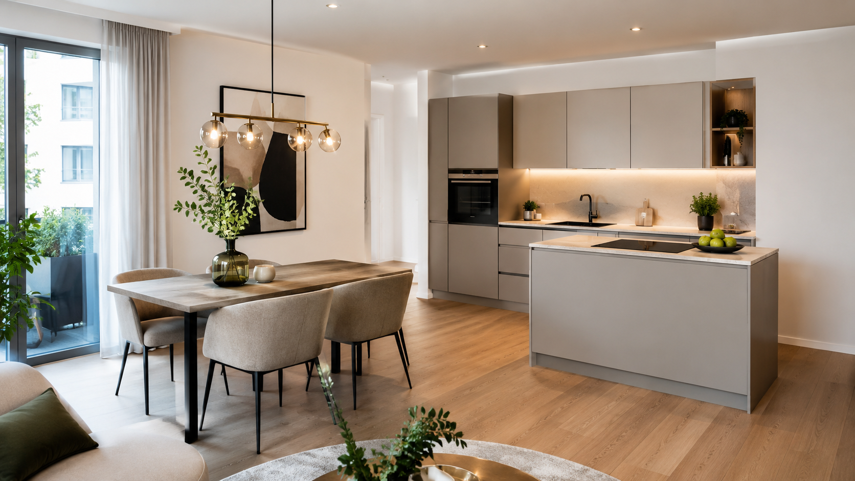 Offene Küche mit Kochinsel und Essbereich der 2-Zimmer-Wohnung