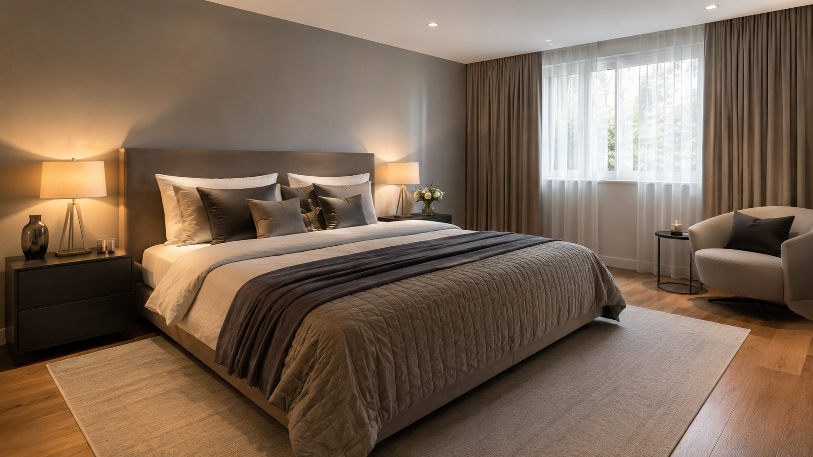 Schlafzimmer der 2-Zimmer-Wohnung mit Doppelbett und Sessel