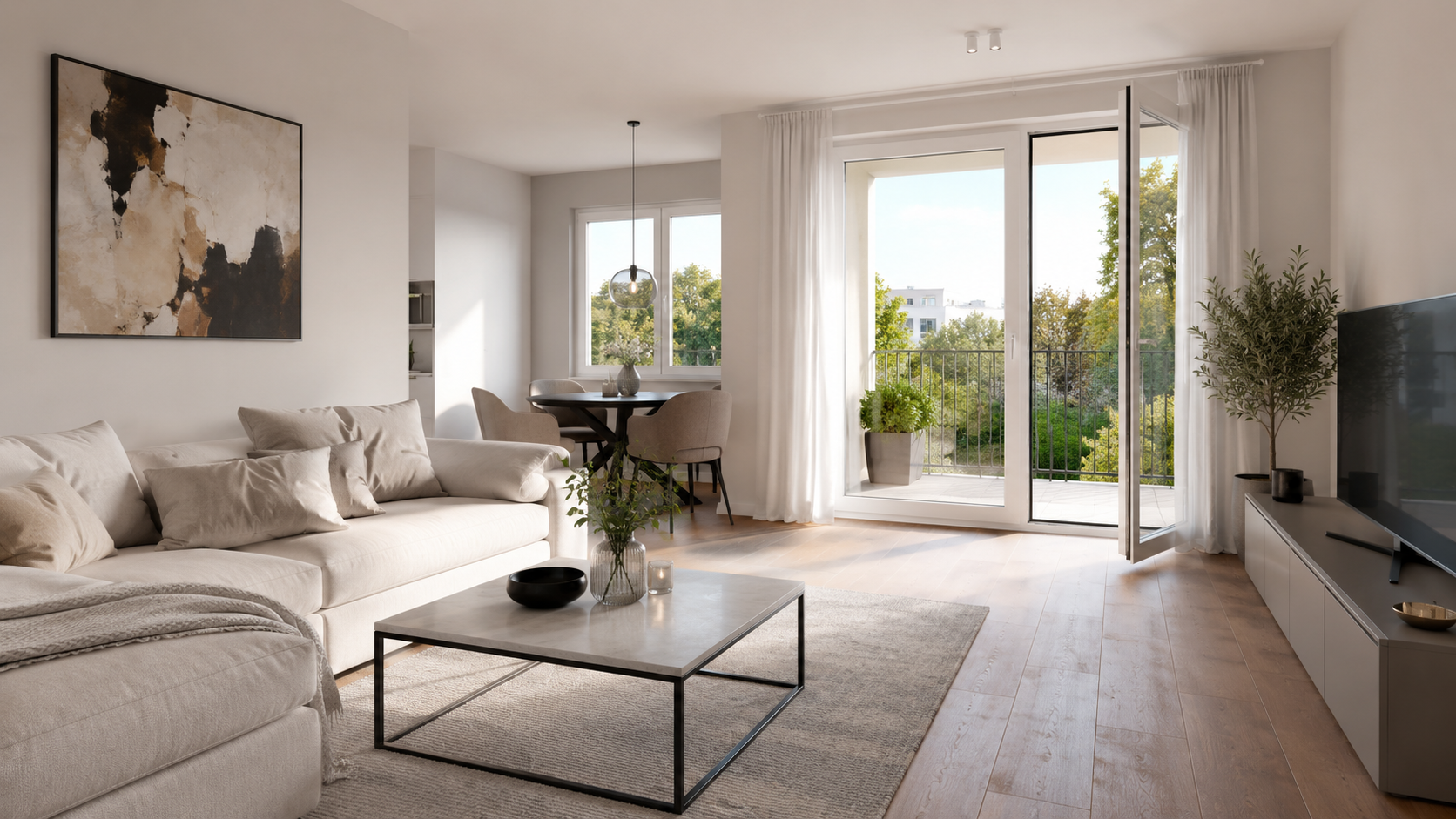 Wohnzimmer der 2-Zimmer-Wohnung mit Sofa, Couchtisch und Blick auf den Balkon